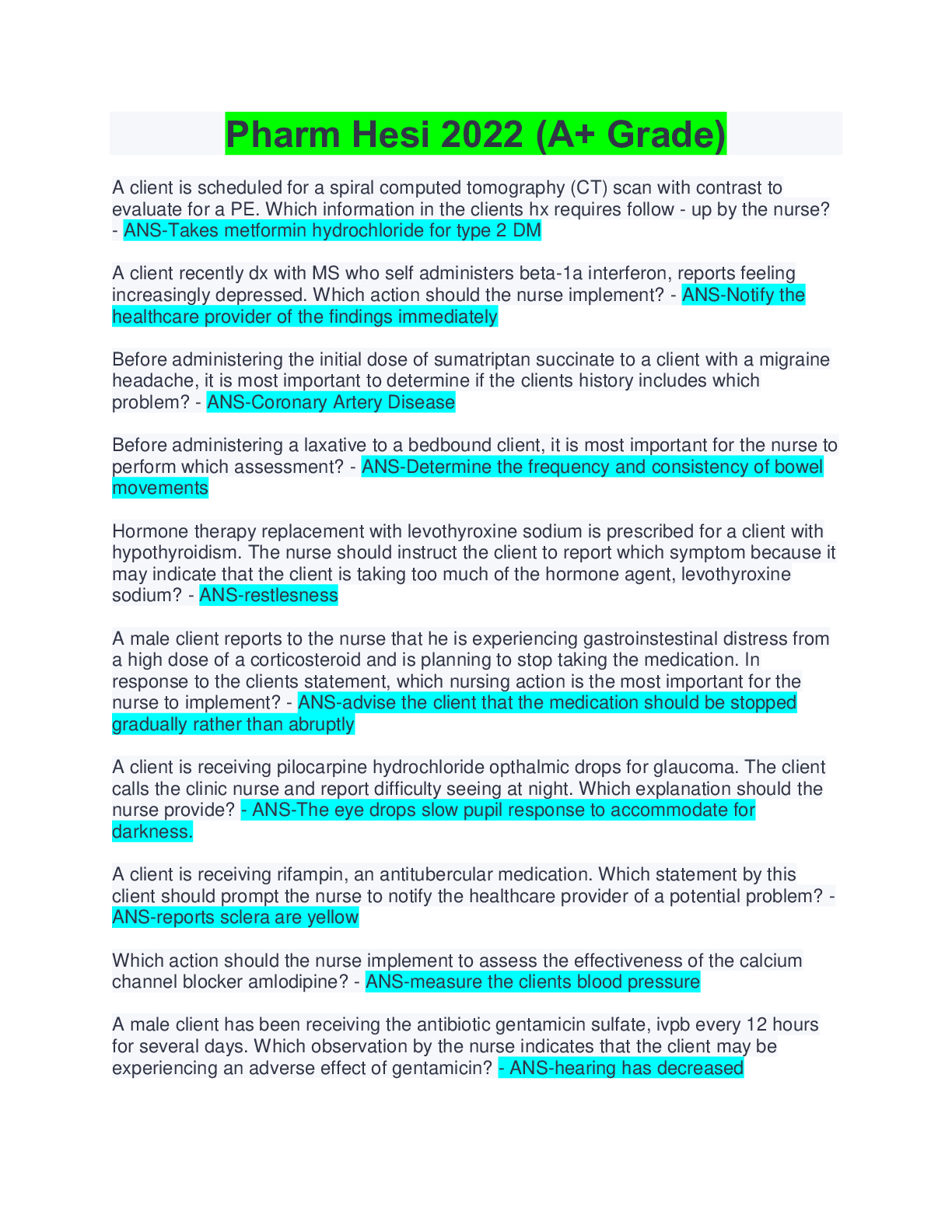 Preview image for Pharm Hesi 2022 (A+ Grade)